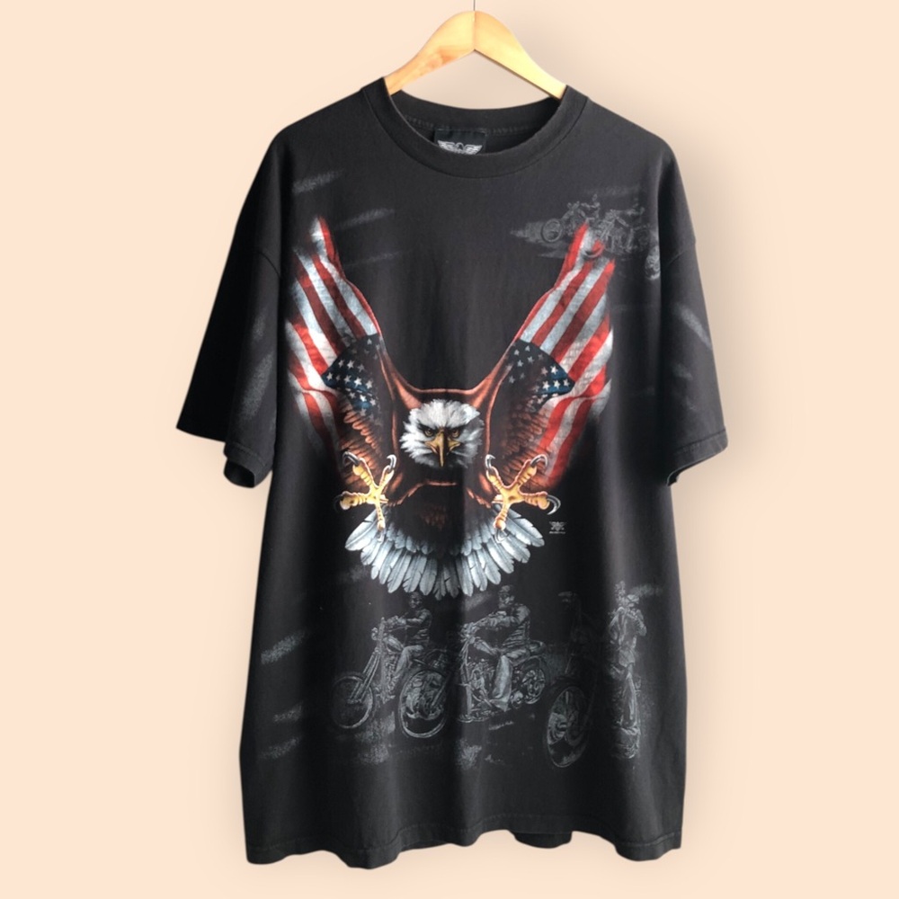 Vintage 2002 American Biker Black Graphic T-shirt Motorcycle Eagle Flag MENS XL